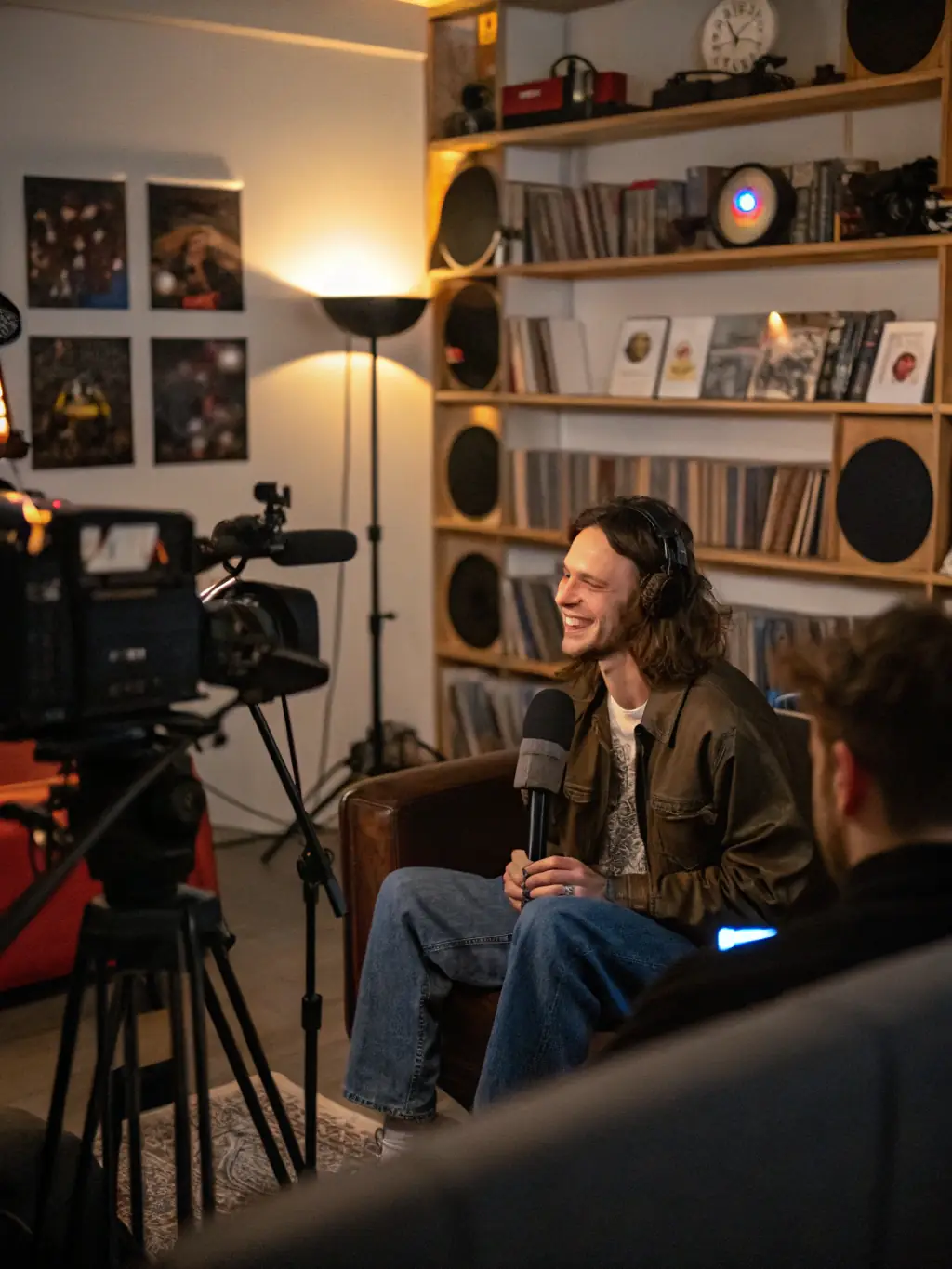 A candid shot of a celebrity giving an interview, capturing their expressions and the interviewer's engagement, representing celebrity interviews on NewsInNetwork.